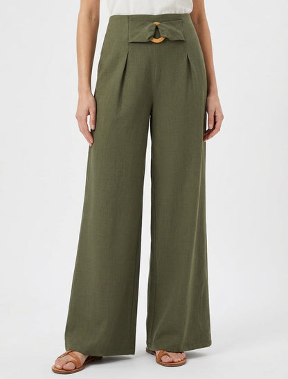 Wijde broek met hoge taille en fantasiegesp. - Kaki