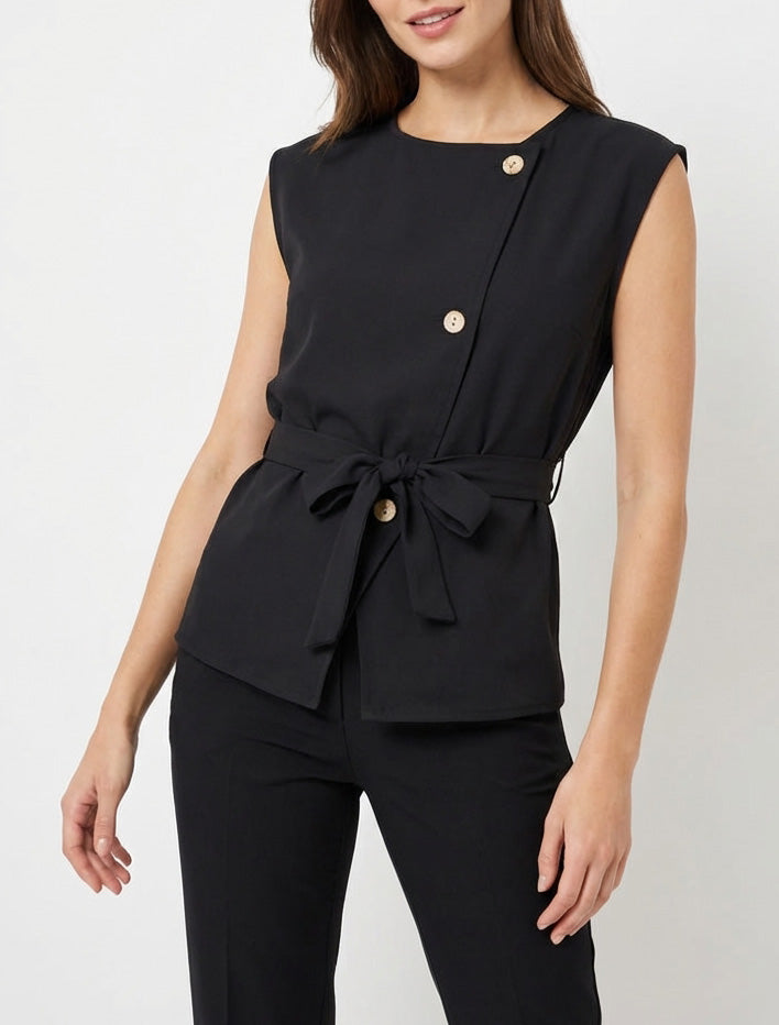 Mouwloze top met knopen - Zwart
