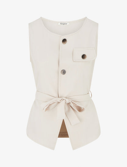 Top boutonné sans manches à poche décorative - Beige - 1