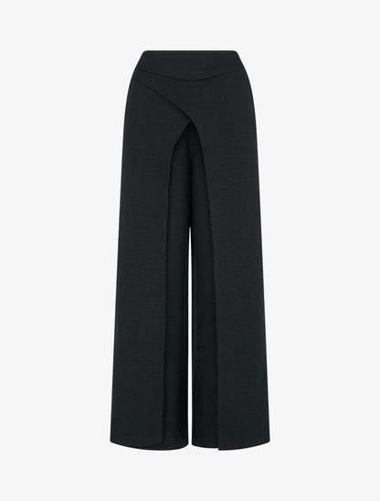 Pantalon droit effet lin à double pans - Noir - 1