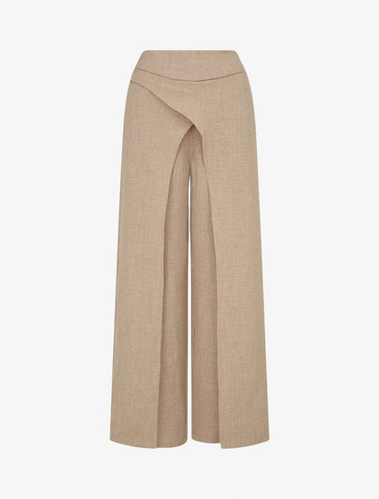 Pantalon droit effet lin à double pans - Taupe - 1