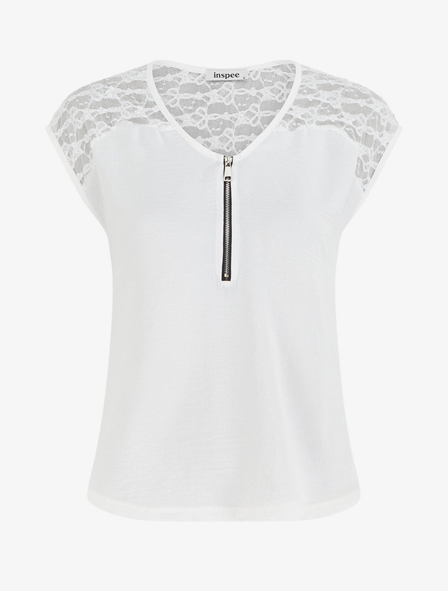 Top droit à zip et dentelle - Blanc - 1