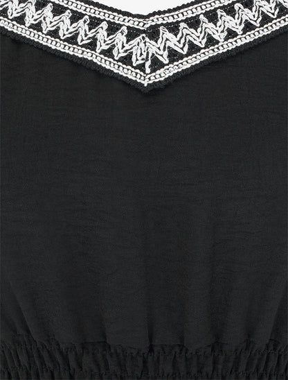 Robe longue unie à taille élastiquée - Noir - 3