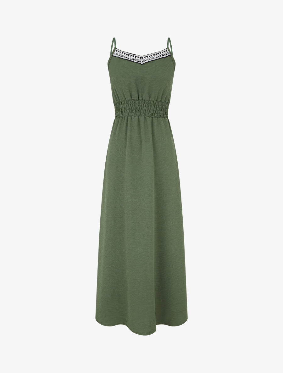Robe longue unie à taille élastiquée - Kaki - 1