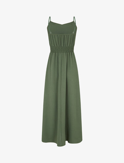 Robe longue unie à taille élastiquée - Kaki - 2
