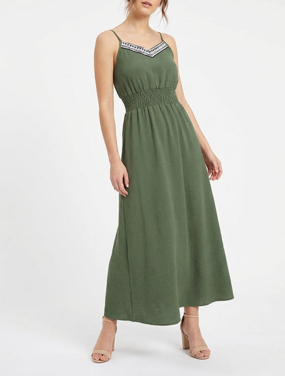 Lange effen jurk met elastische taille - Kaki