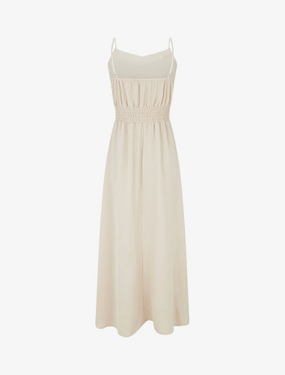 Robe longue unie à taille élastiquée - Beige - 2