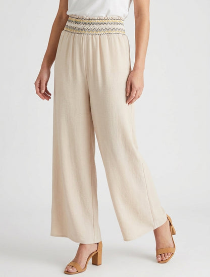 Rechte broek met elastische hoge taille - Beige