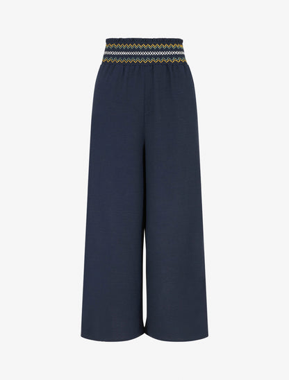 Pantalon droit à taille haute élastiquée - Marine - 1