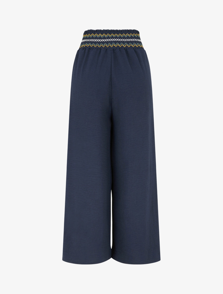 Pantalon droit à taille haute élastiquée - Marine - 2