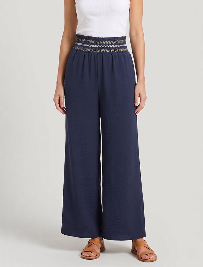 Rechte broek met elastische hoge taille - Marine