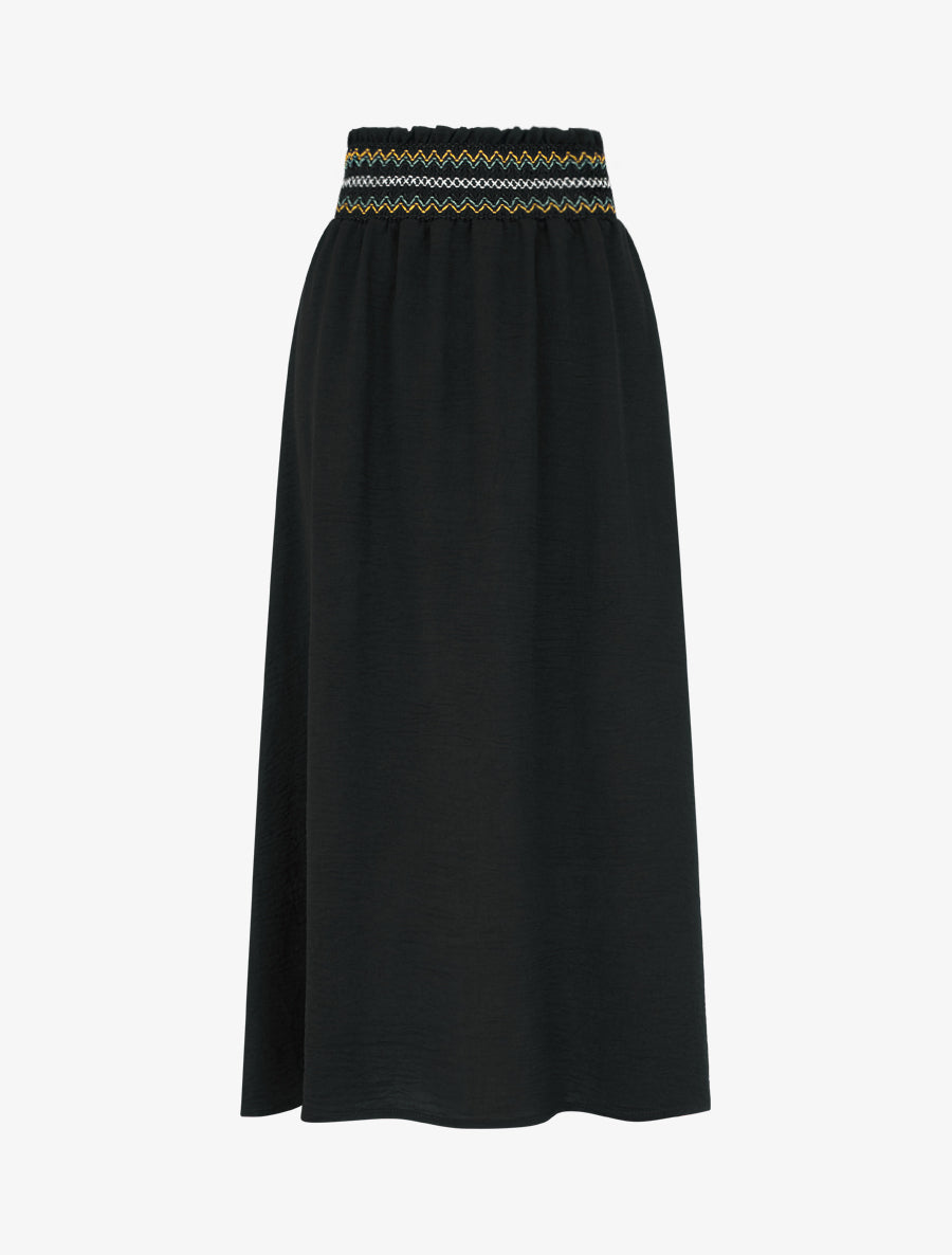 Jupe longue évasée à taille élastiquée - Noir - 1