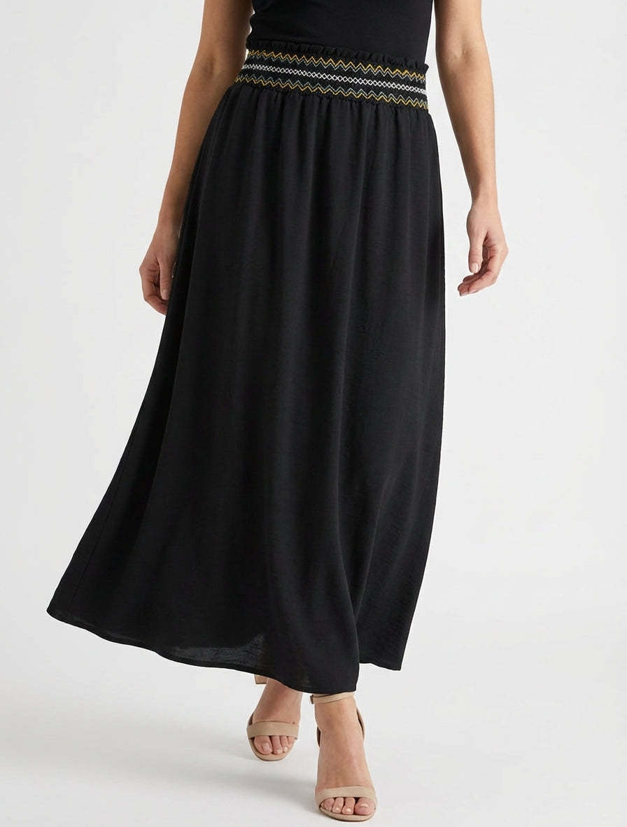 Lange uitlopende rok met elastische tailleband - Zwart