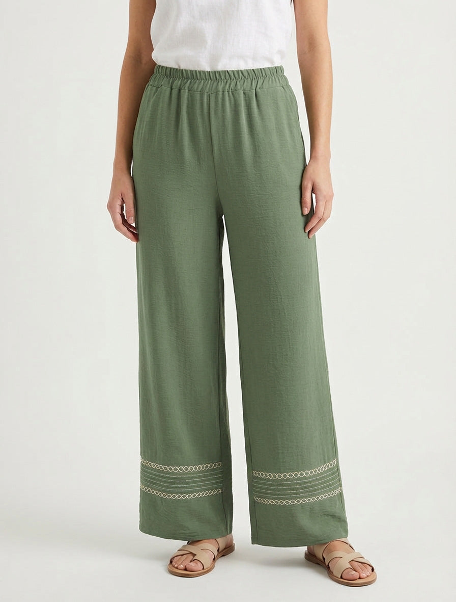 Broek met geborduurde randen - Kaki