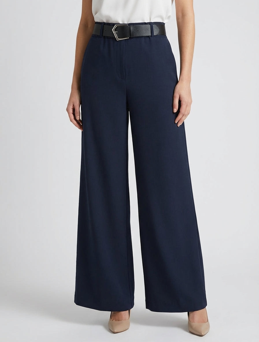 Wijde effen broek met hoge taille - Marine