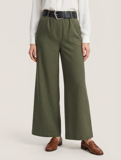 Wijde effen broek met hoge taille - Kaki