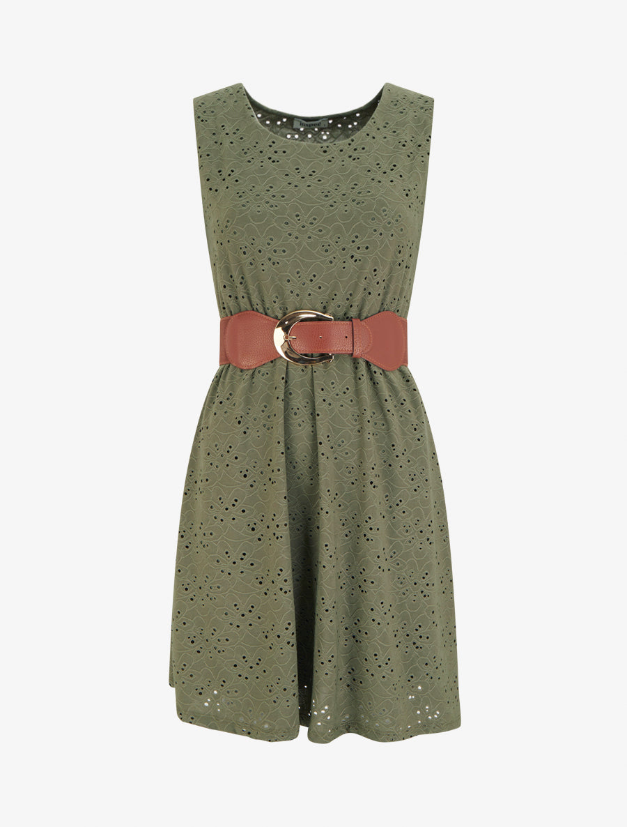 Robe évasée sans manches en broderie anglaise - Kaki - 1