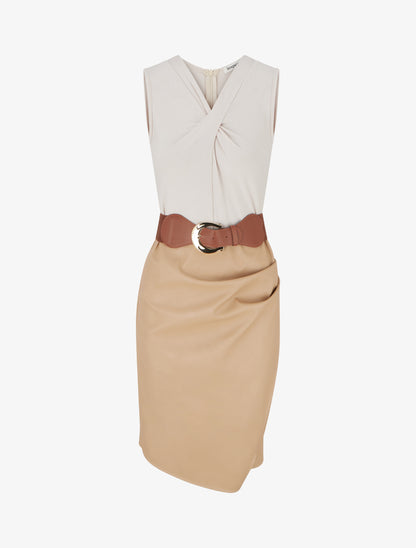 Robe bimatière à col V - Beige - 1