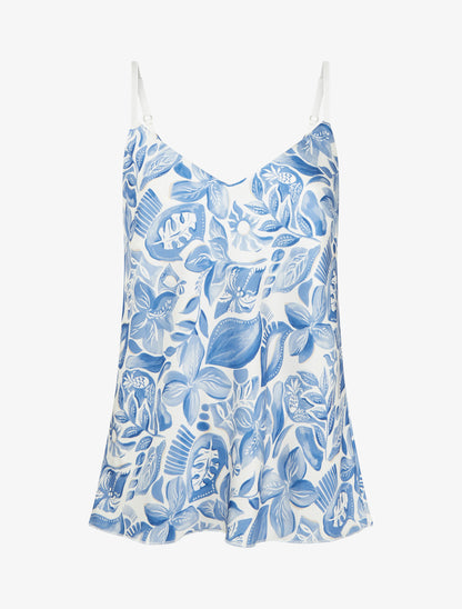 Caraco satiné imprimé feuillage - Bleu - 1