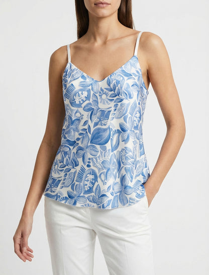 Satijnen hemdje met bladprint - Blauw