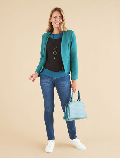 Veste ouverte à liseret - Bleu lagon - 4
