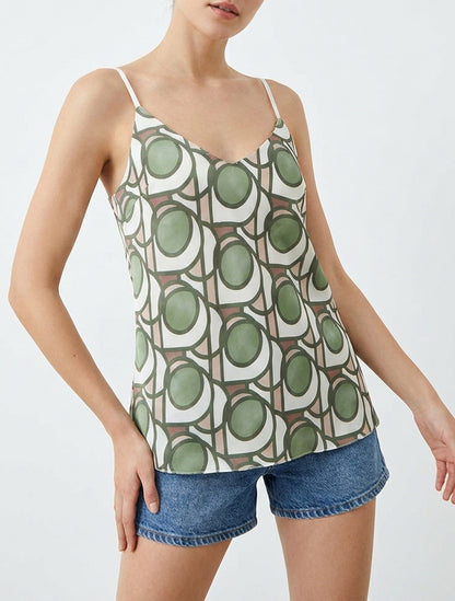 Satijnen hemdje met grafische print - Kaki