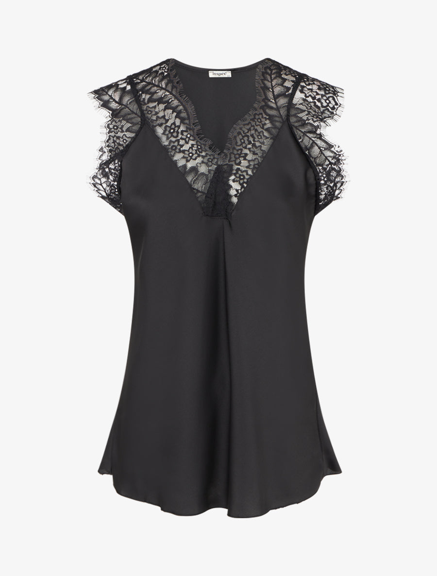 Top satiné à col V en dentelle - Noir - 1