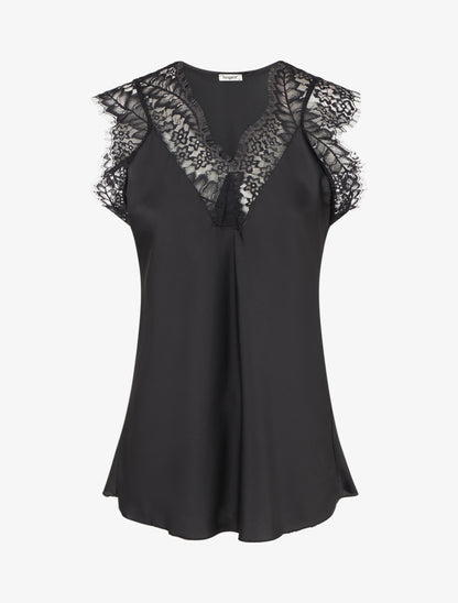 Top satiné à col V en dentelle - Noir - 1