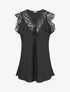 Top satiné à col V en dentelle - Noir - 1