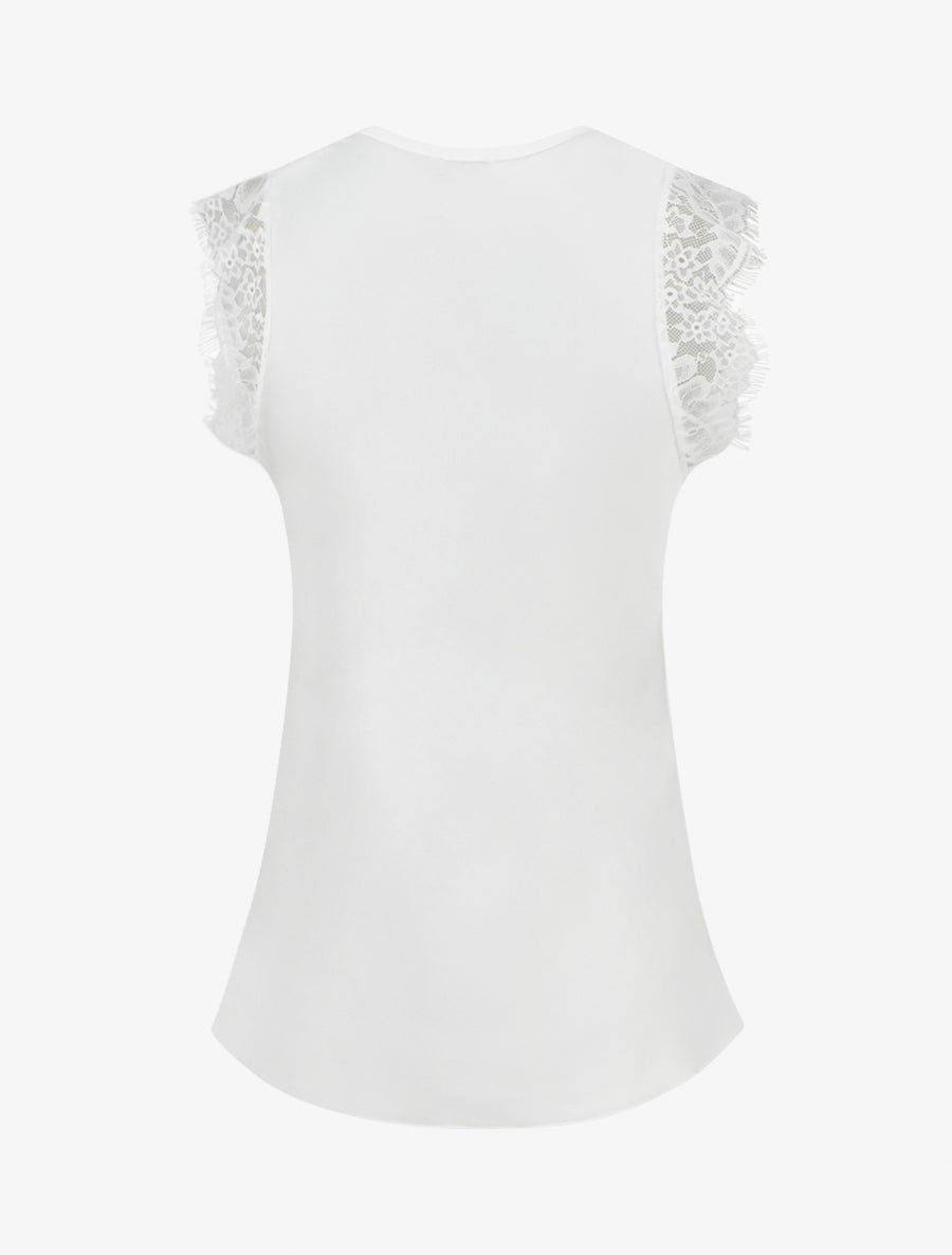 Top satiné à col V en dentelle - Blanc - 2