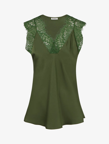 Top satiné à col V en dentelle - Kaki - 1