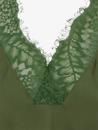 Top satiné à col V en dentelle - Kaki - 3