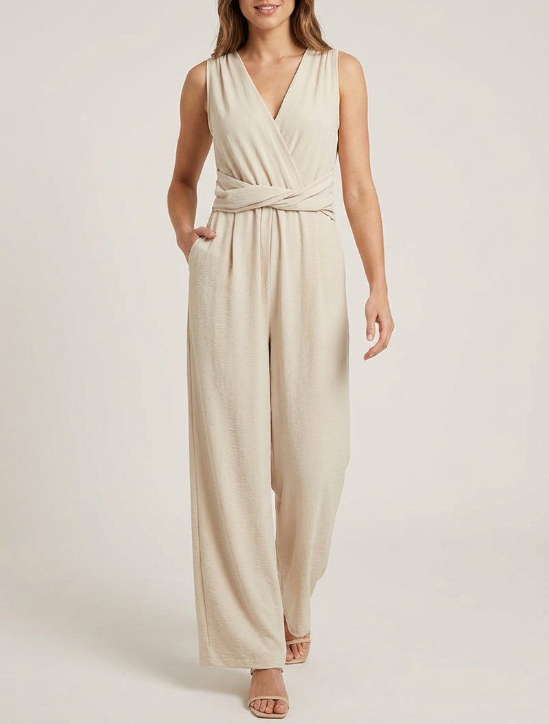 Mouwloos pak met gedraaide riem - Beige