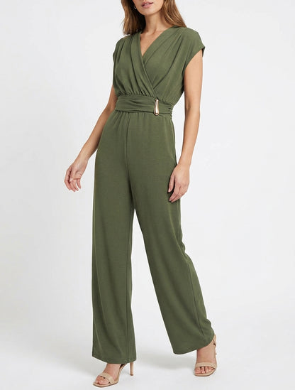 Ruime jumpsuit met wikkeloverslag en draperend effect - Kaki