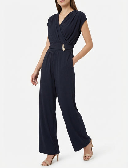 Ruime jumpsuit met wikkeloverslag en draperend effect - Marine