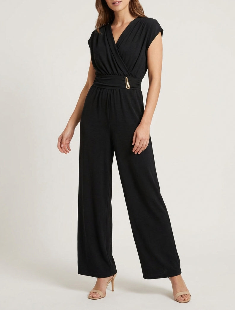 Ruime jumpsuit met wikkeloverslag en draperend effect - Zwart