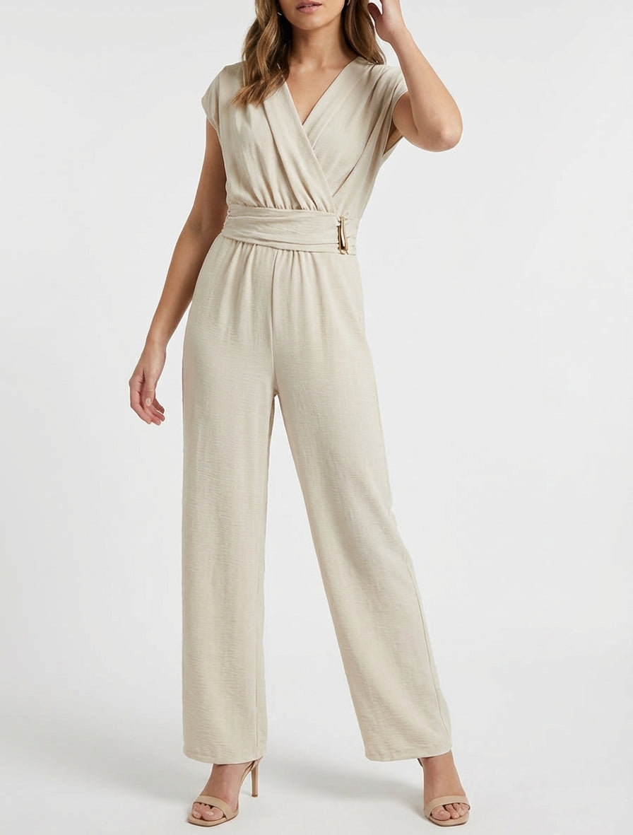 Ruime jumpsuit met wikkeloverslag en draperend effect - Beige