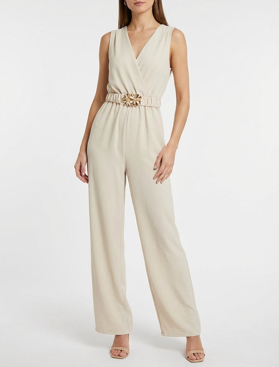 Mouwloze jumpsuit met riem - Beige