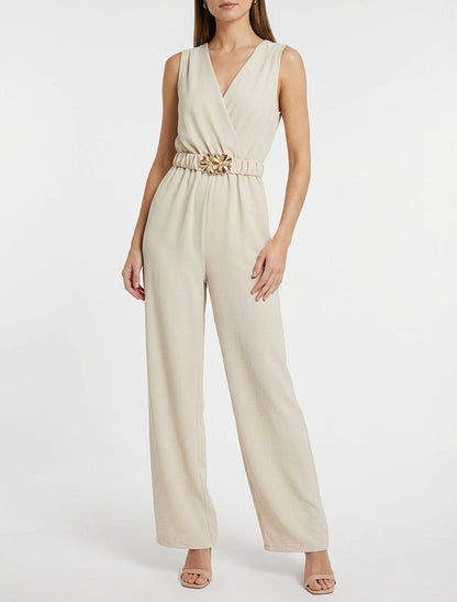Mouwloze jumpsuit met riem - Beige