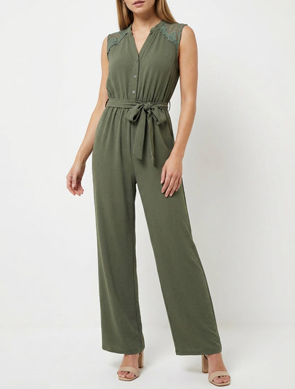 Knoopsluiting jumpsuit met kanten schouders - Kaki