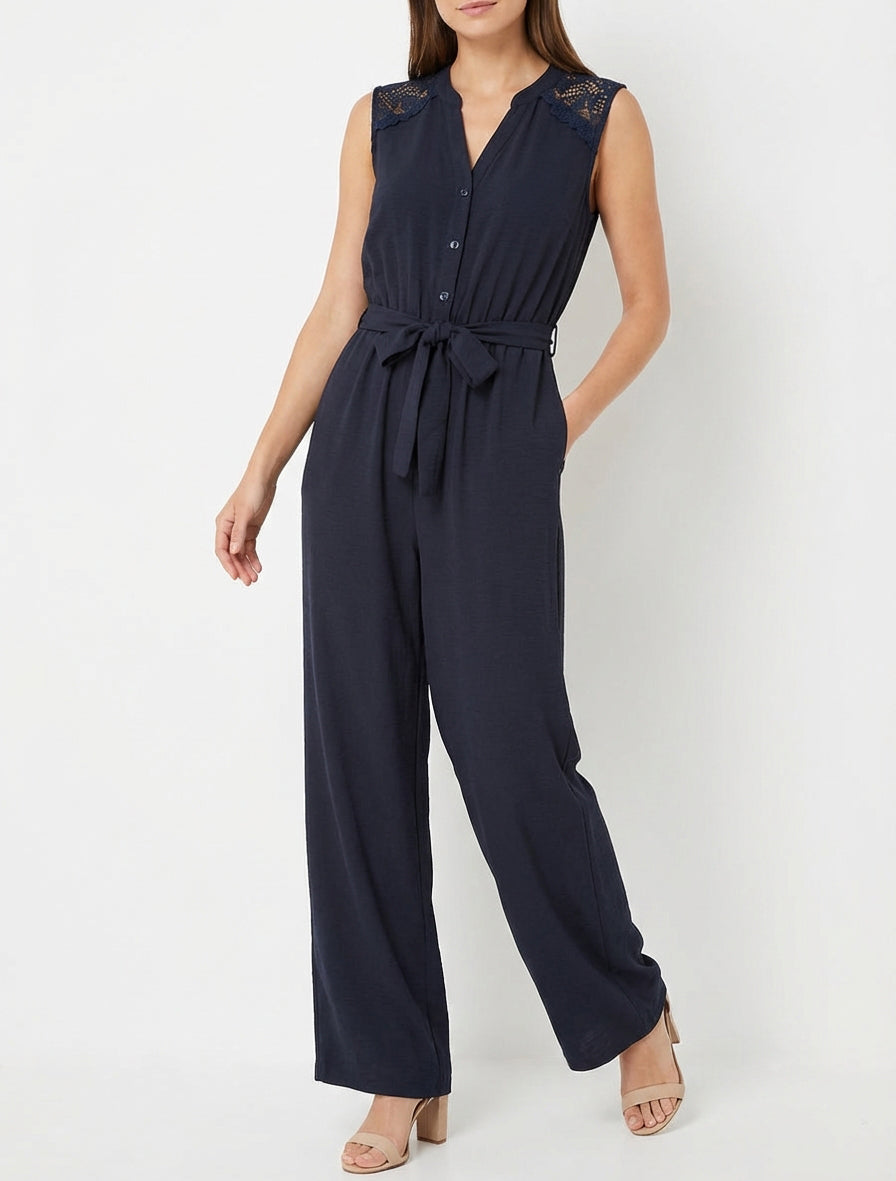 Knoopsluiting jumpsuit met kanten schouders - Marine