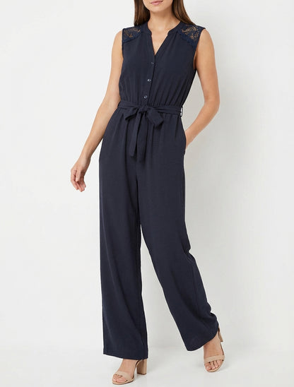 Knoopsluiting jumpsuit met kanten schouders - Marine