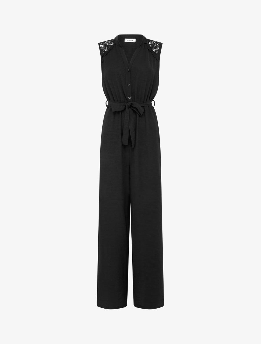 Combinaison boutonnée à épaules en dentelle - Noir - 1