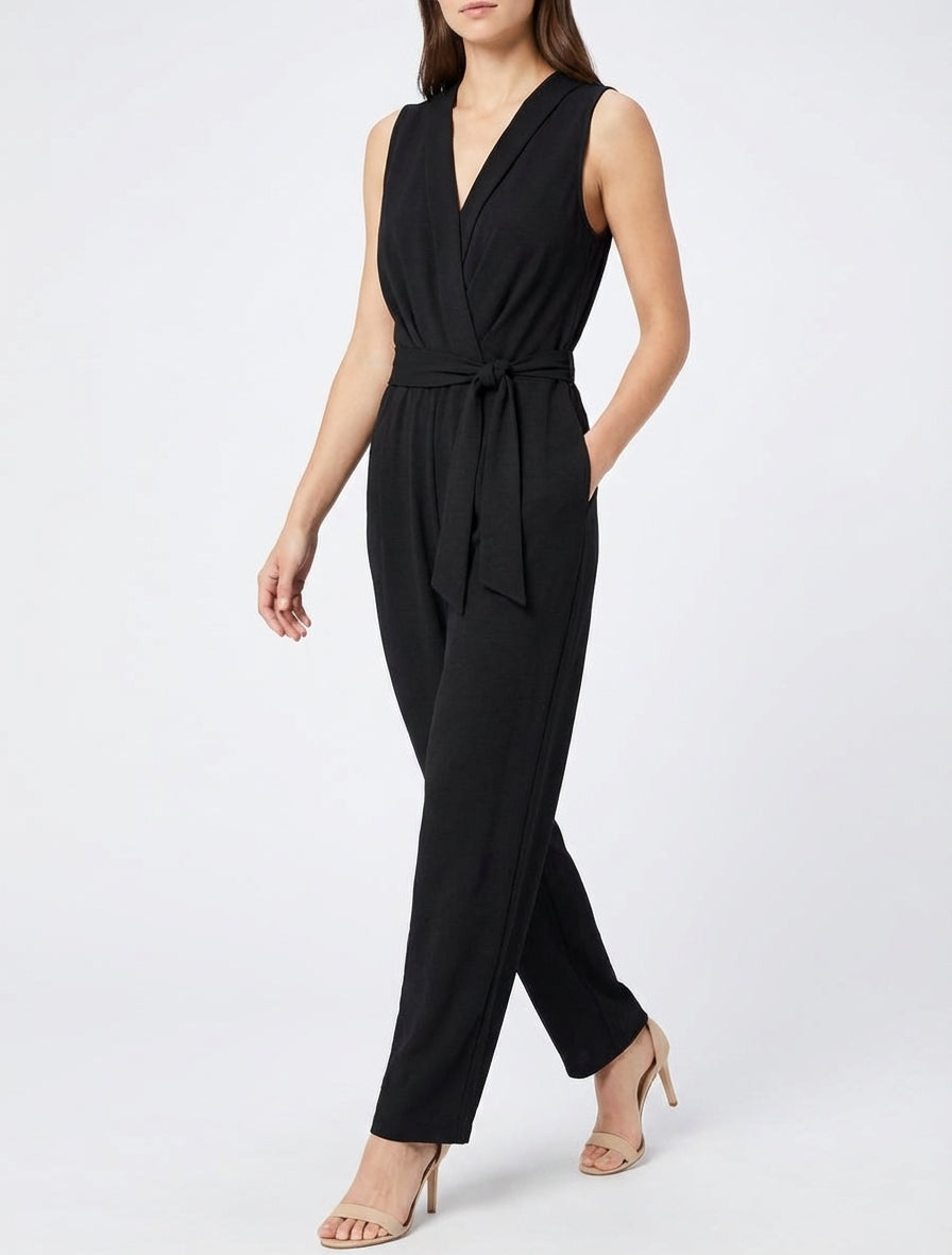 Mouwloze jumpsuit met overslagkraag - Zwart