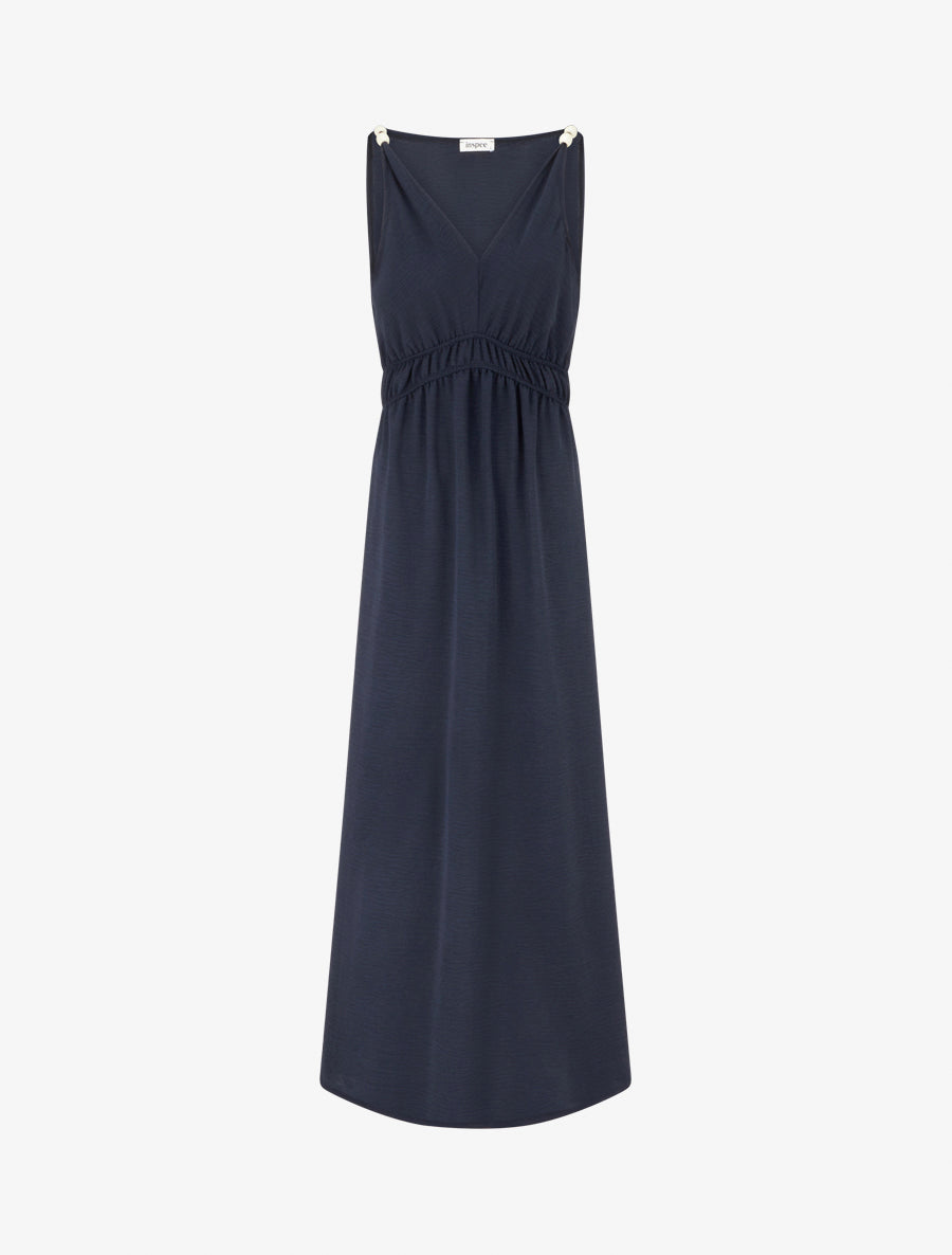 Robe longue évasée à bretelles perlées - Marine - 1