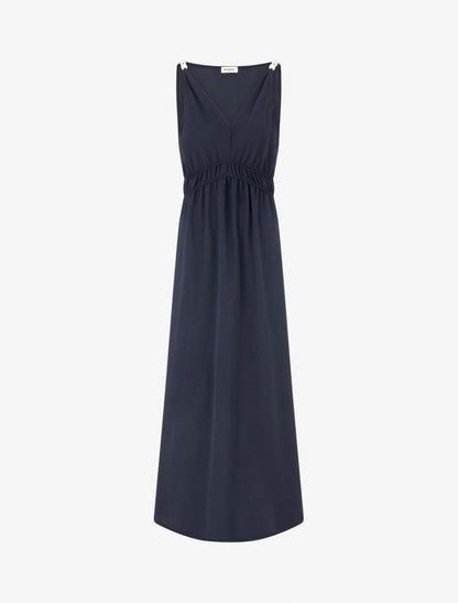 Robe longue évasée à bretelles perlées - Marine - 1