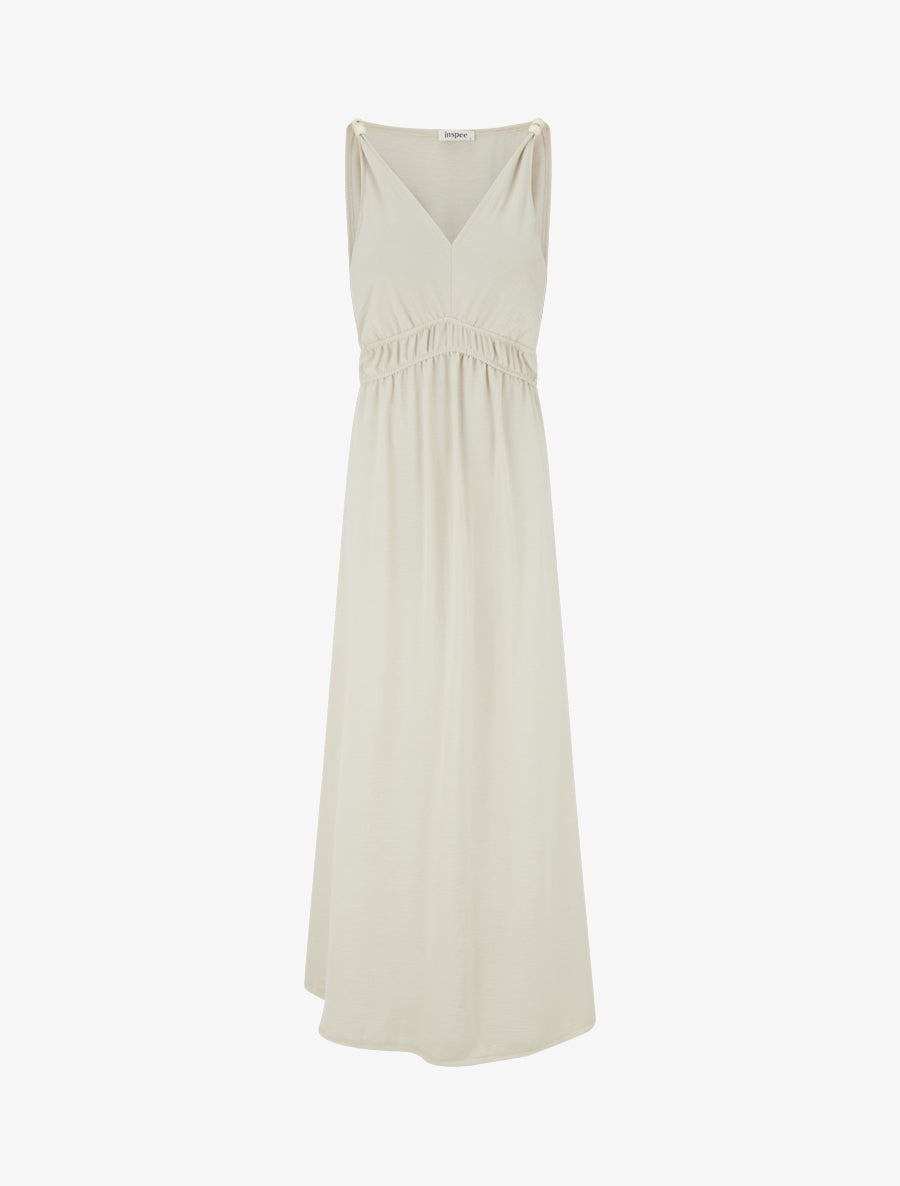 Robe longue évasée à bretelles perlées - Beige - 1