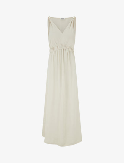 Robe longue évasée à bretelles perlées - Beige - 1