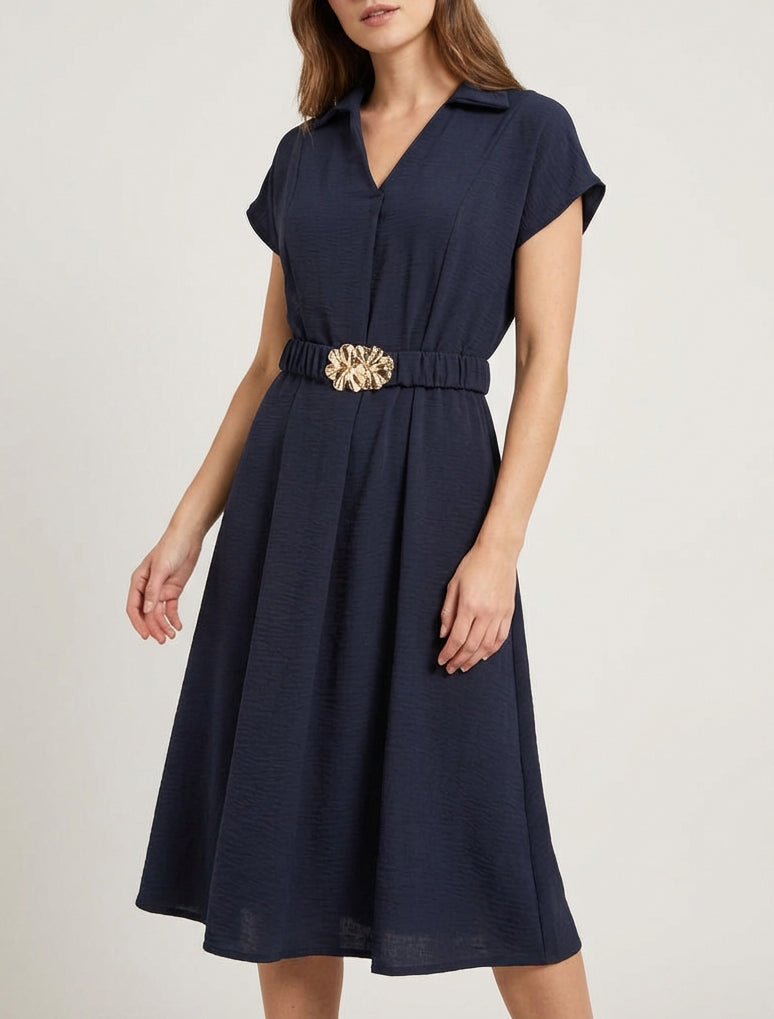 Effen soepelvallende jurk met ceintuur - Marine