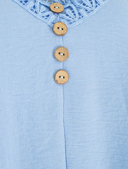 Caraco à boutons décoratifs et broderie - Bleu ciel - 3